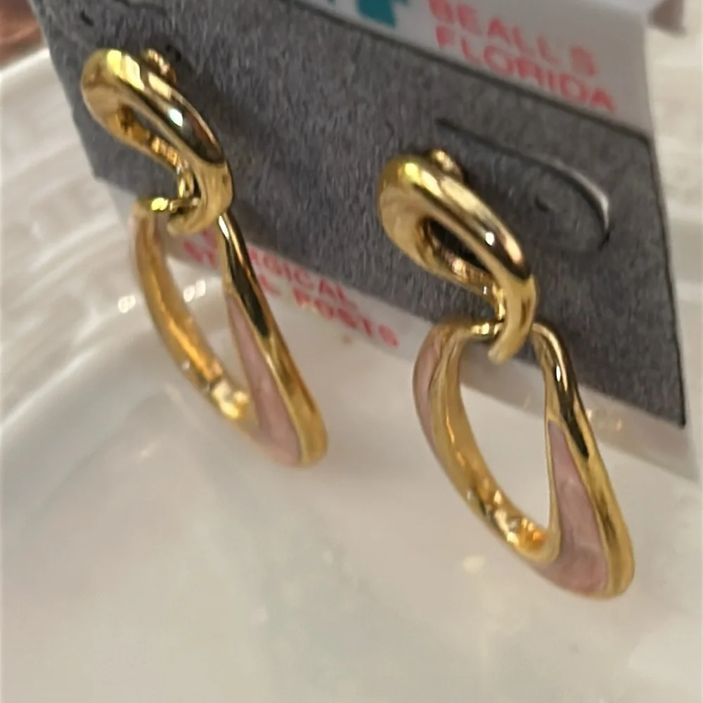 Gold Clay Pink Loop Dangle Earrings Pierced NEW Vintage Surgical Steel Post